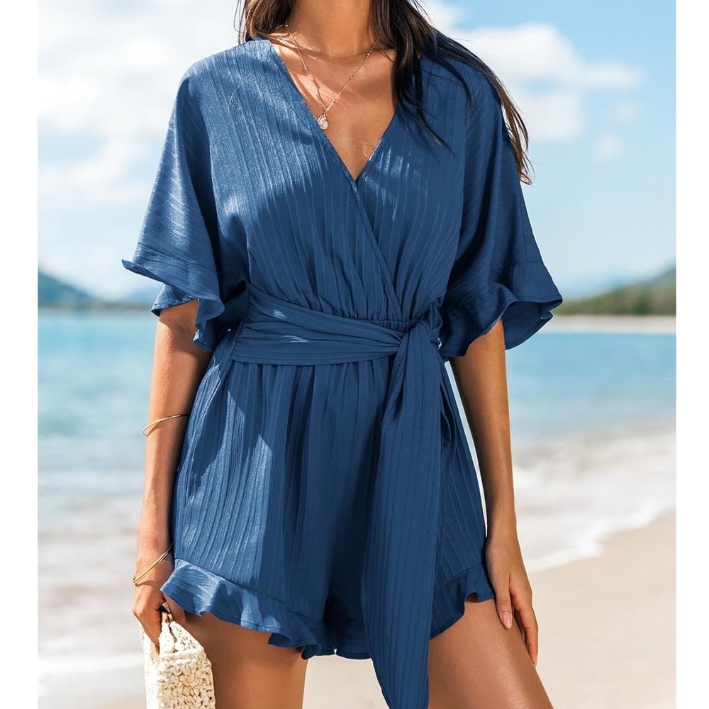 Cupshe Romper Womens Small Blue Textured Wrap Ruffle Hem Flutter Sleeve V-Neck